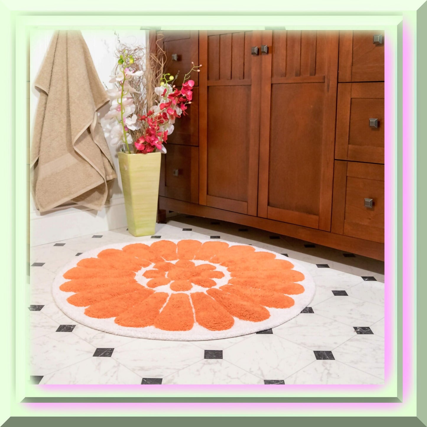 Bursting Flower 2 Pc. White Coral Round Bath Rug Set