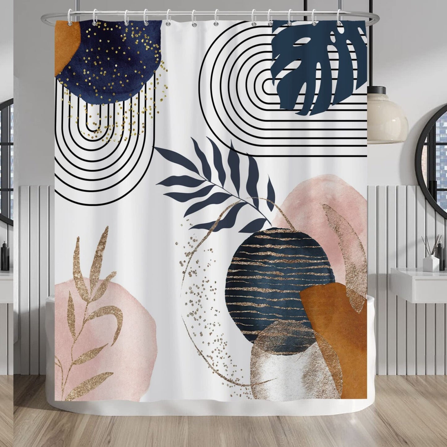 Boho Navy Blue Gold Plant Leaves Shower Curtain 60x72 Inches