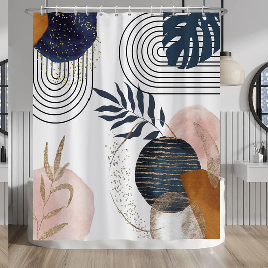 Boho Navy Blue Gold Plant Leaves Shower Curtain 60x72 Inches
