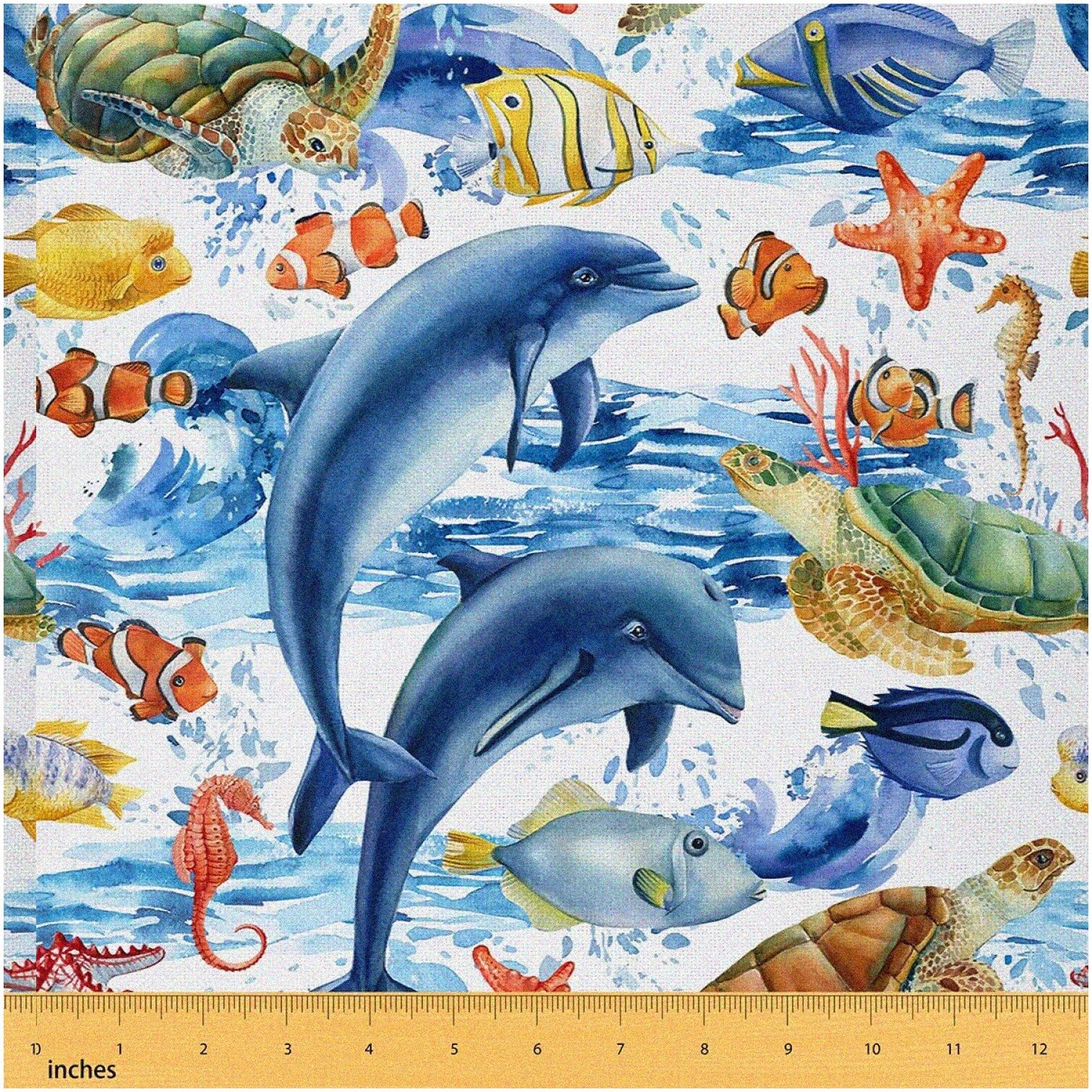 Watercolor Marine Animals Upholstery Fabric 1 Yard