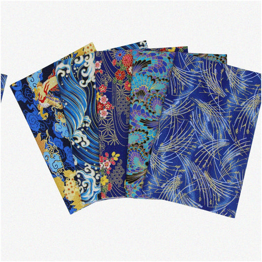 5PCS Blue Floral Gold Pattern Cotton Quilt Squares 50x50cm