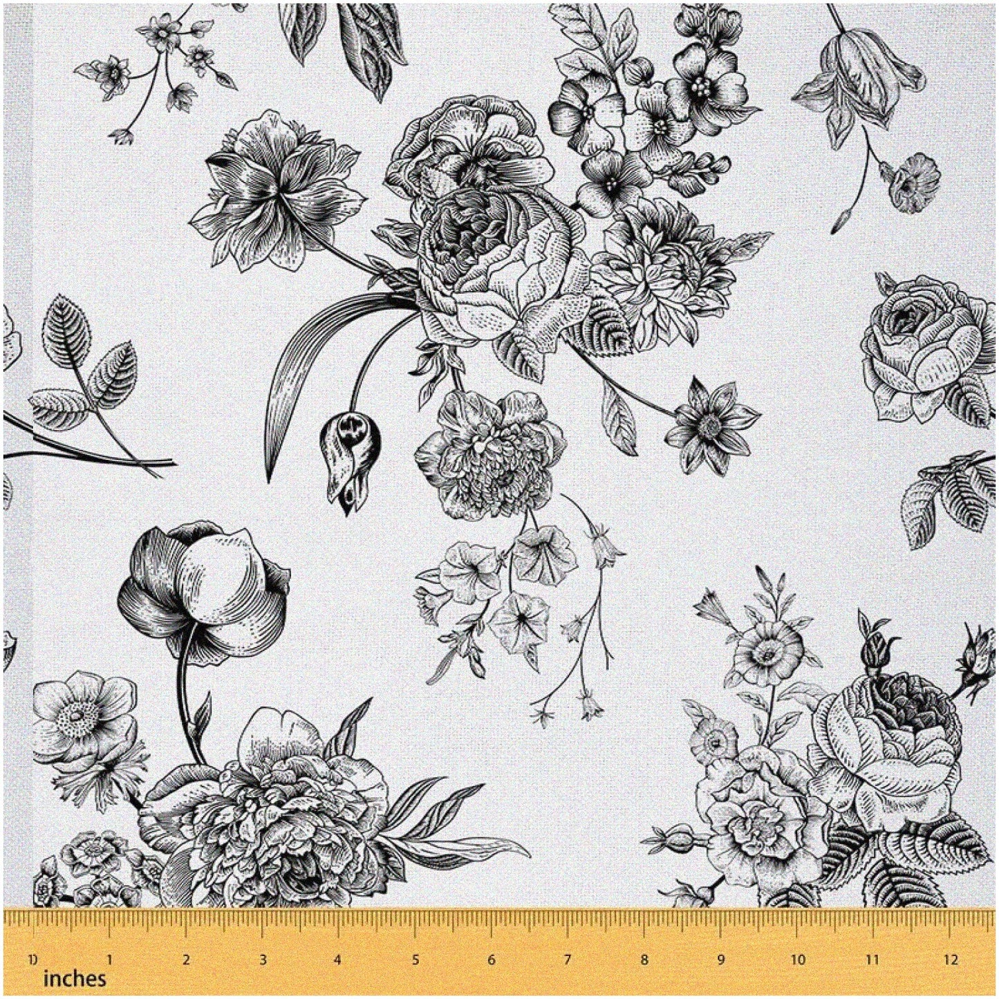 Vintage Floral Upholstery Fabric 3 Yards Black & White