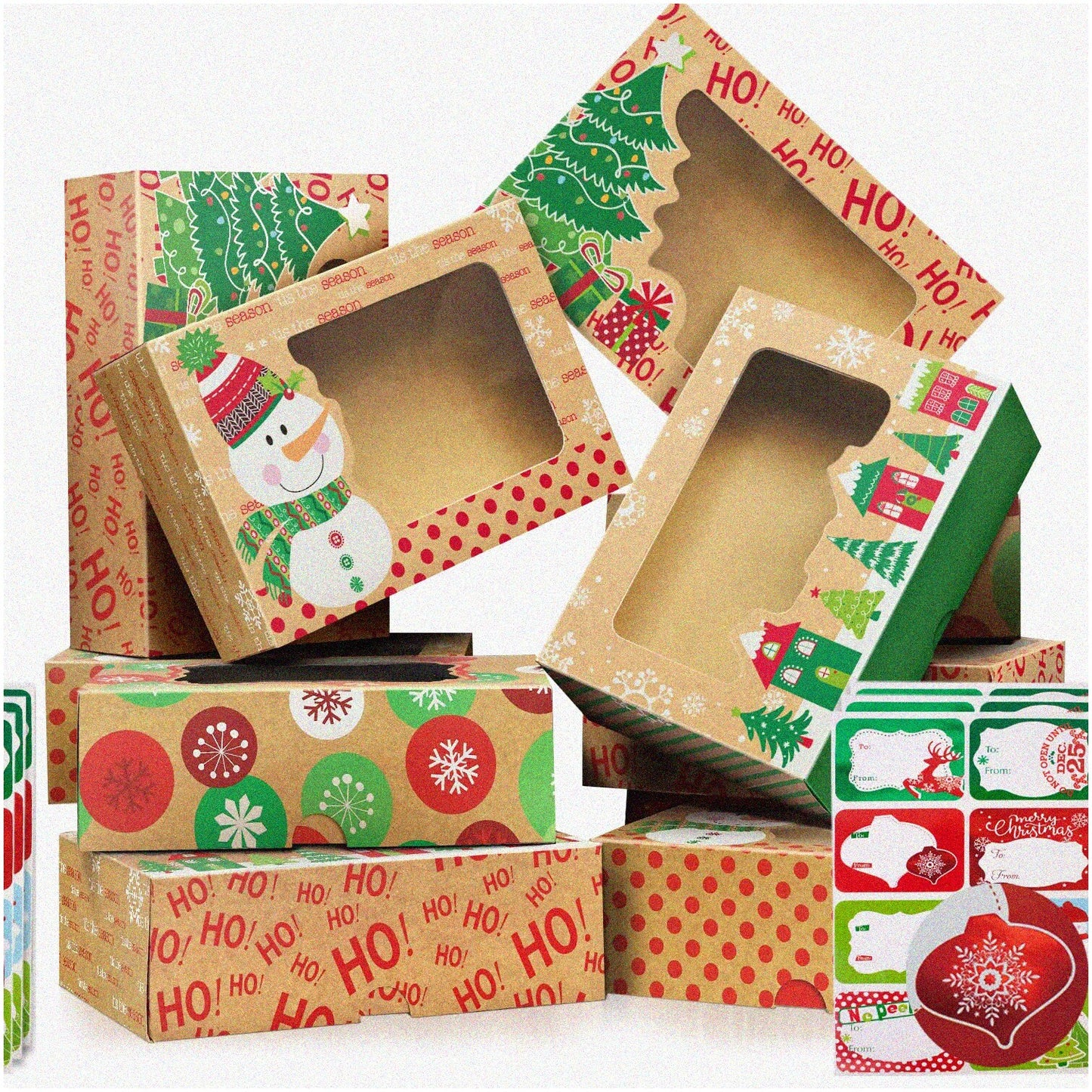 Large Kraft Holiday Cookie Gift Box Set with 80 Stickers
