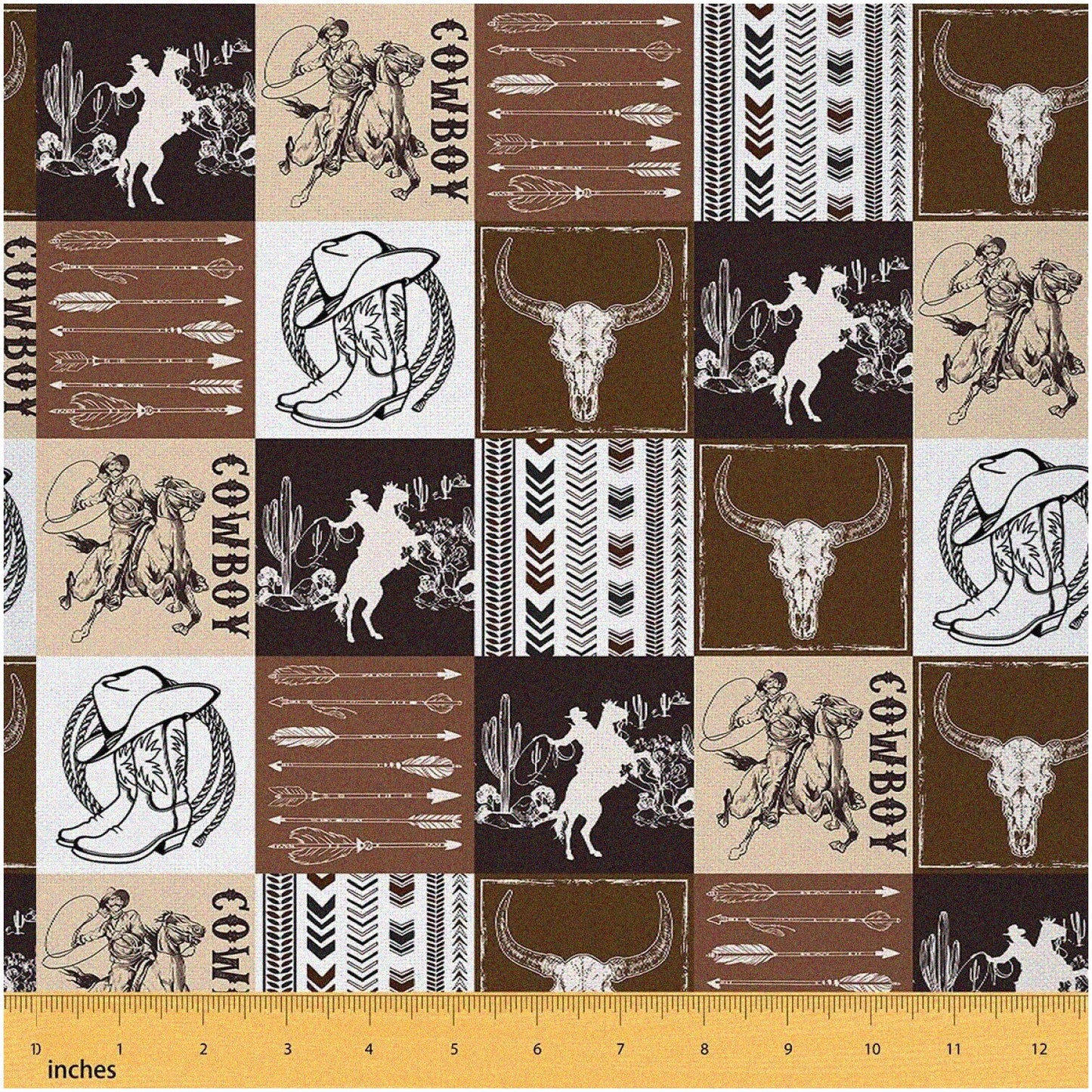 Wild West Desert Fabric Cow Skulls Cowboy Boots Tribal Arrows 36" Yard