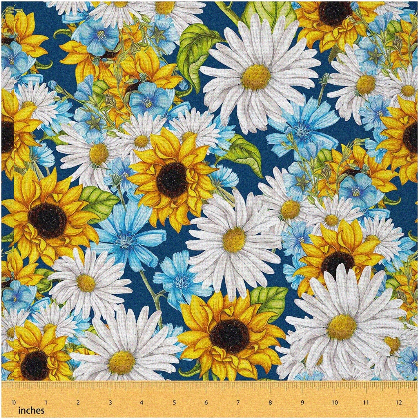 Sunflower Daisy Garden Fabric 5 Yards Blue Yellow