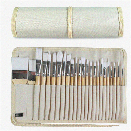 24-Piece Wooden Handle Paint Brush Set with Canvas Case