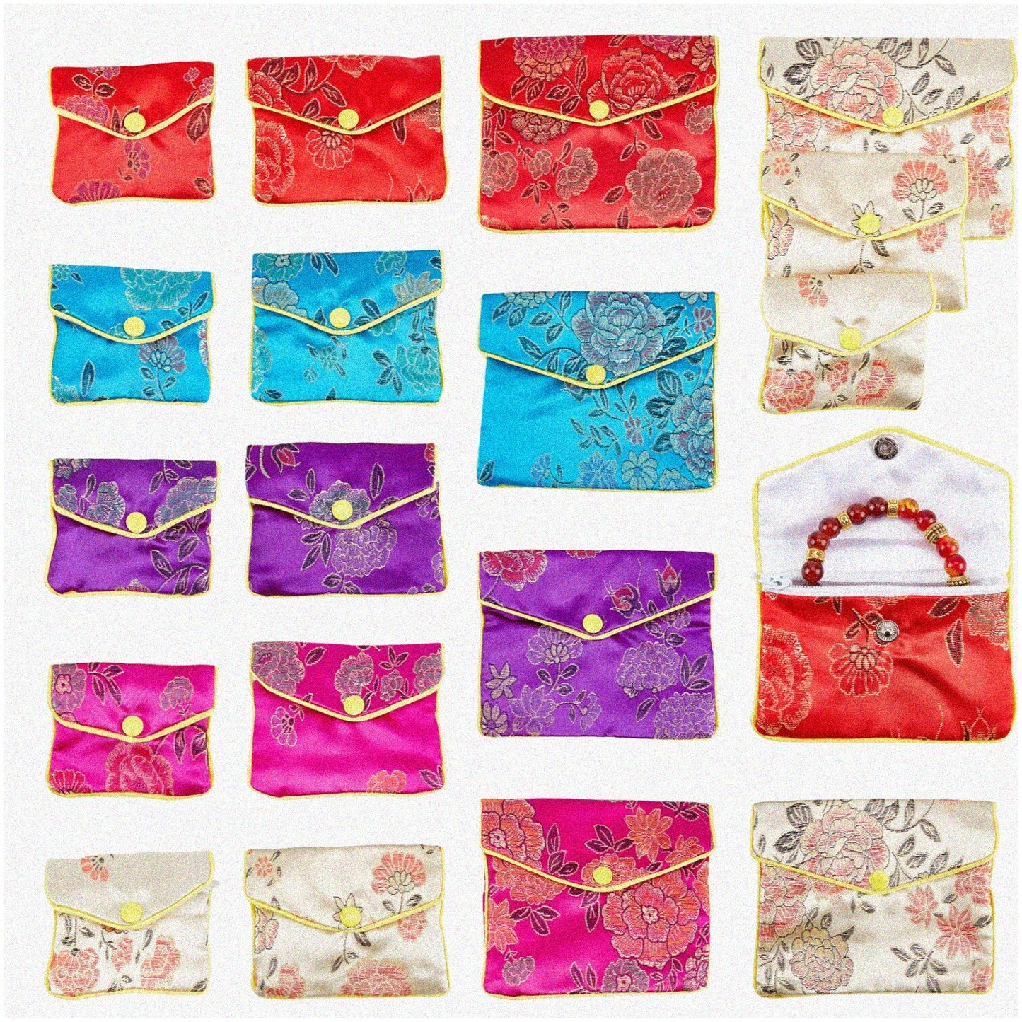 Silk Brocade Jewelry Pouch Set 15pcs Assorted Colors