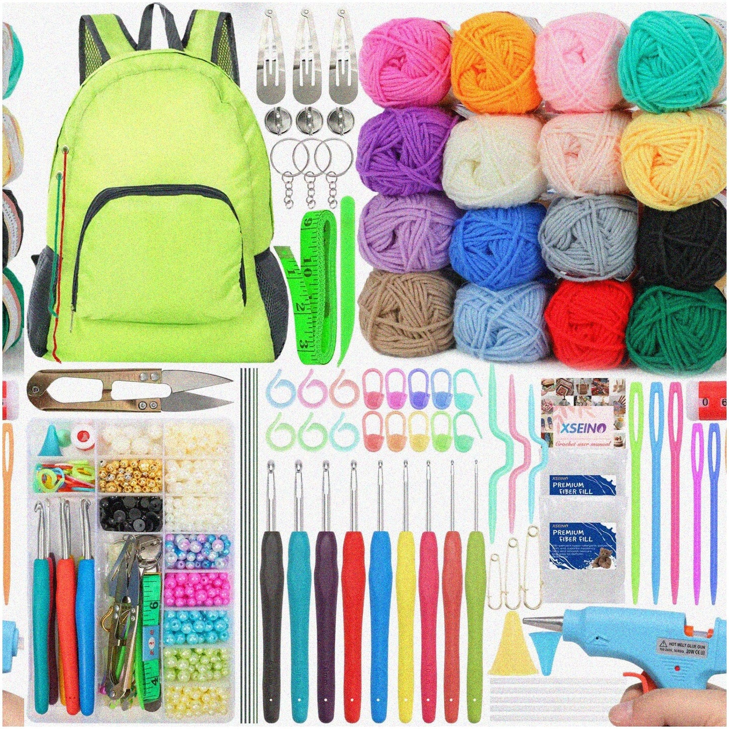 Beginner's Crochet Kit with 16 Yarn Rolls, 9 Hooks, Bag