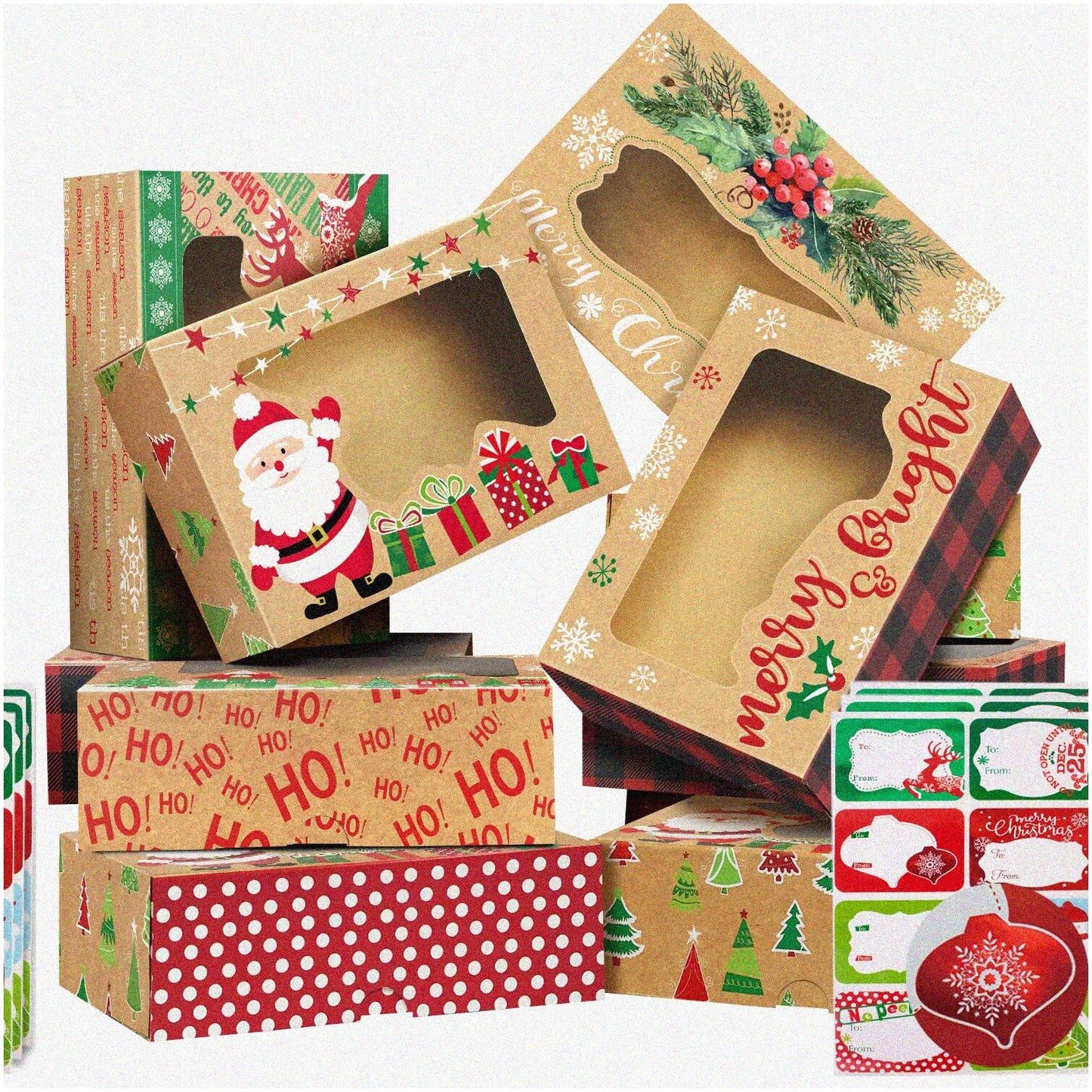 Festive Cookie Box Set with 12 Large Holiday Containers and 80 Stickers