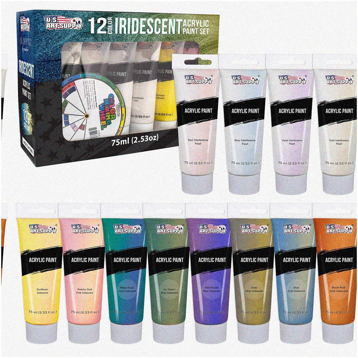 12-Color Iridescent Acrylic Paint Set 75ml Tubes