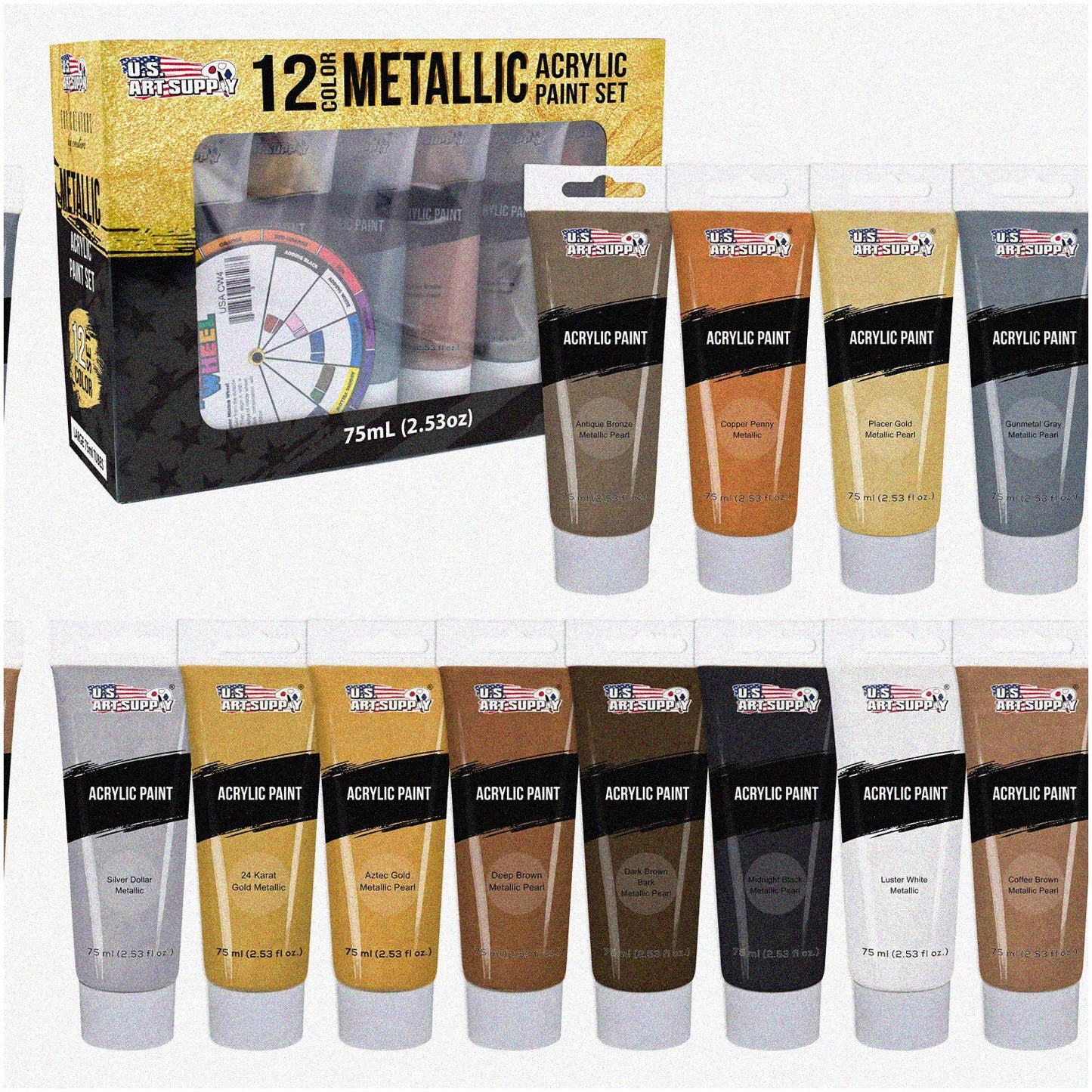 12 Metallic Acrylic Paint Tubes, 75ml, Vivid Colors