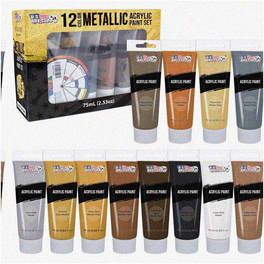 12 Metallic Acrylic Paint Tubes 75ml Vivid Colors