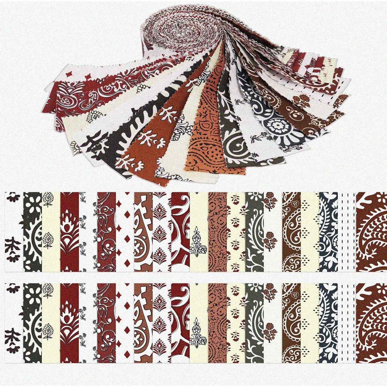 40Pcs Precut Cotton Fabric Strips Jelly Roll 2.5x42in Maroon White Yellow Brown