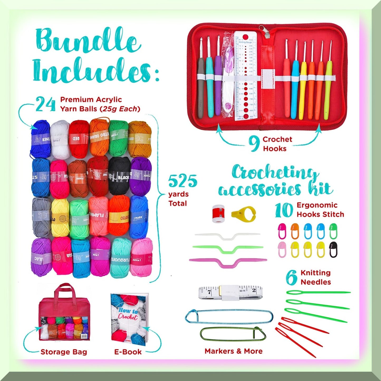 Beginner Crochet Kit with 24 Yarn Balls and 9 Hooks