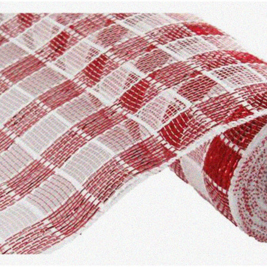 Metallic Check Mesh Red White 10 Yards
