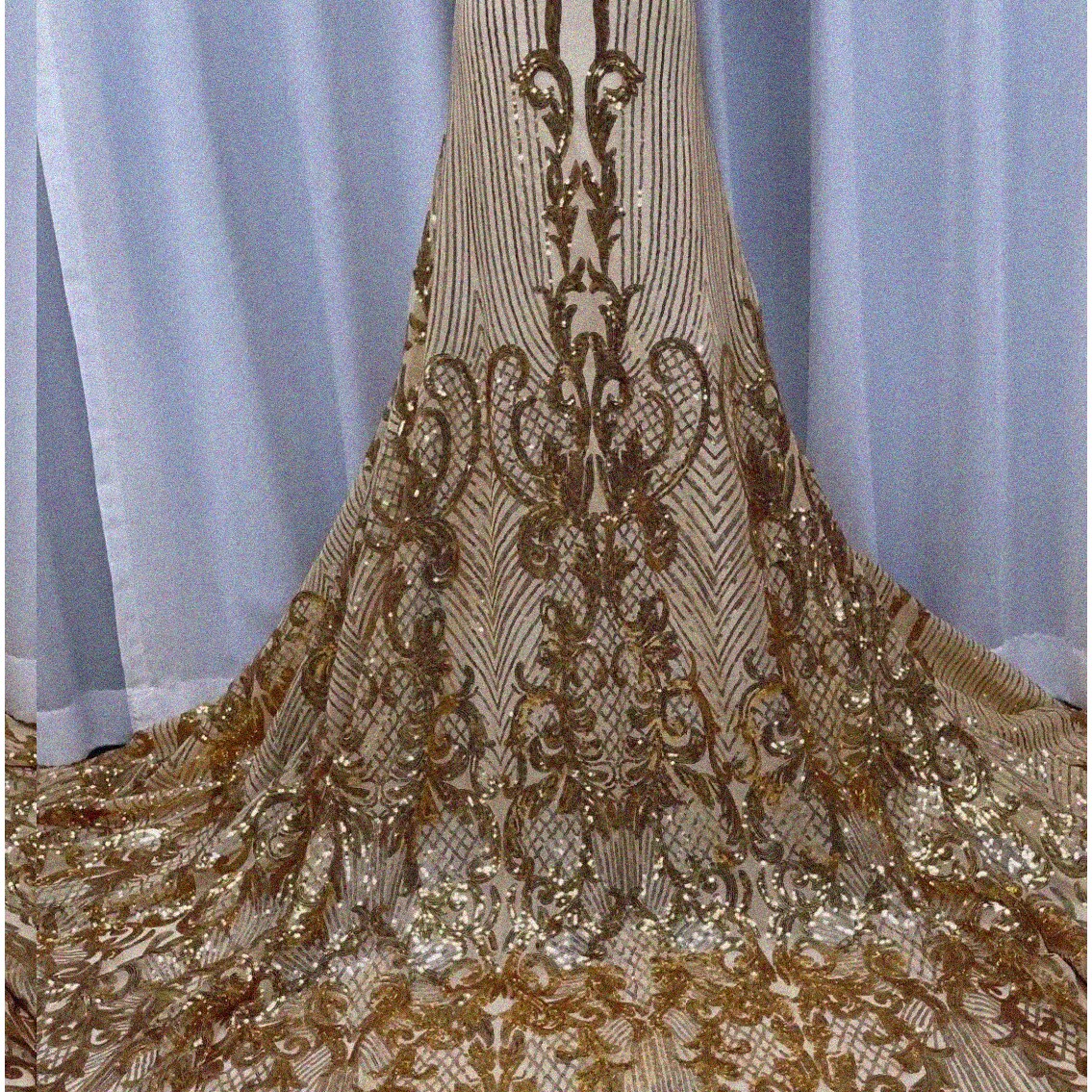 Golden French Net Sequins Lace Fabric 3Yard White