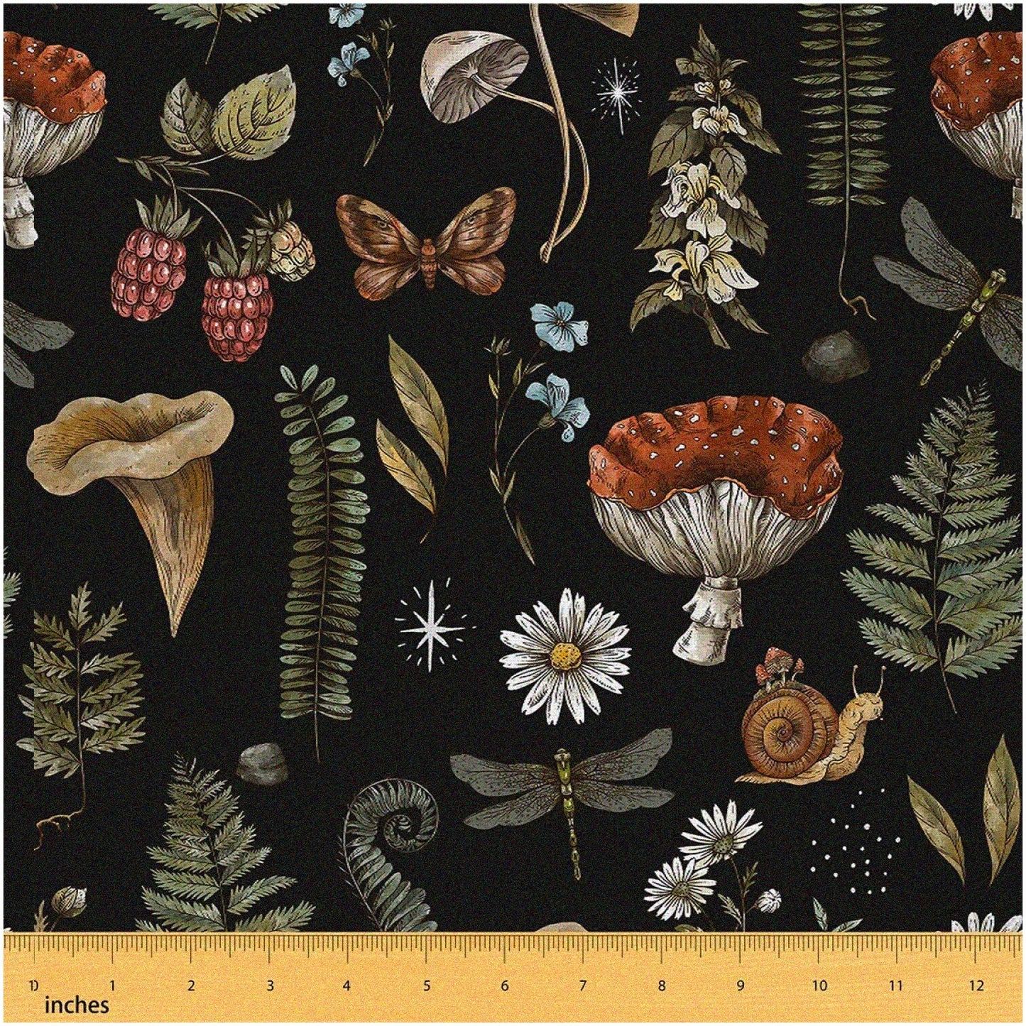 2 Yards Black Hand-Drawn Mushroom Fabric for DIY Projects