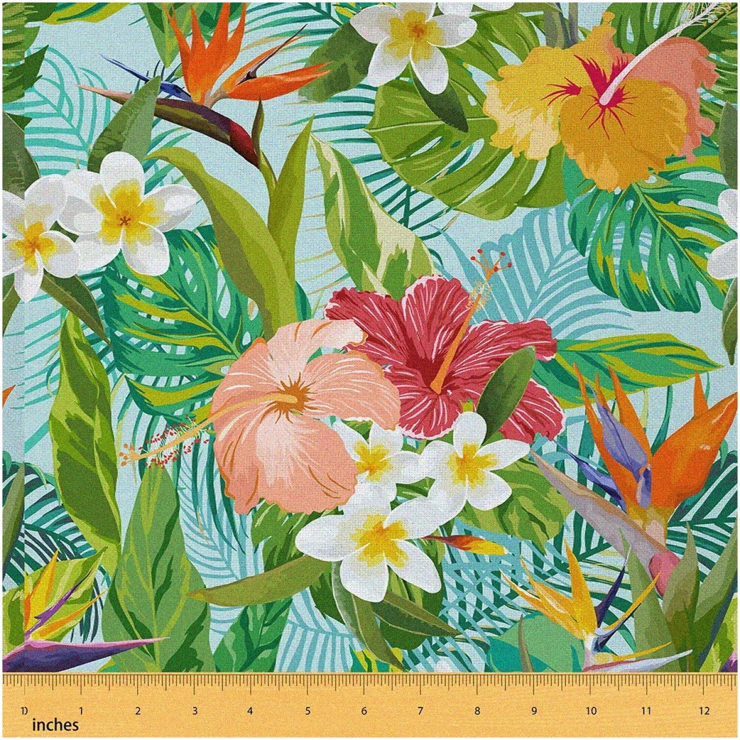 Tropical Fabric with Floral Leaves and Exotic Flowers, Waterproof, Green, 72x59 inches