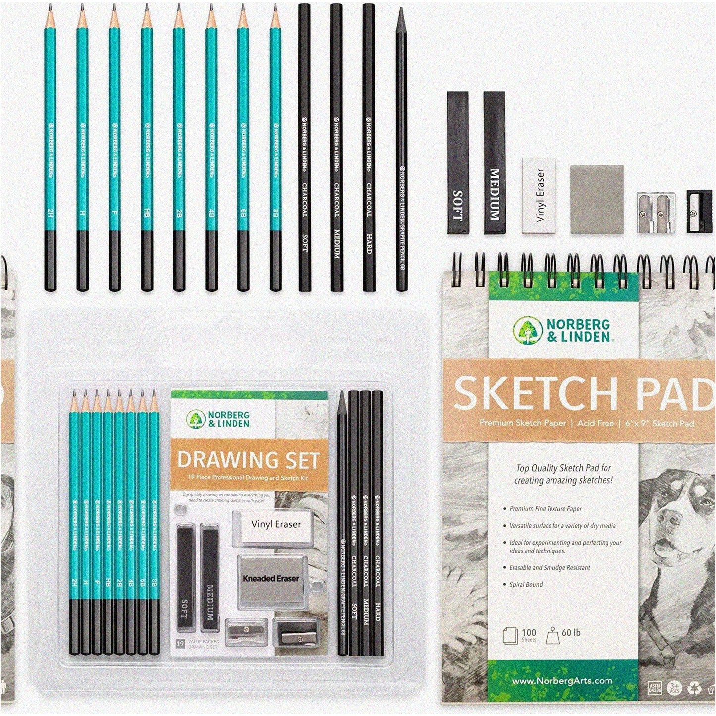 Drawing Set with Sketching and Charcoal Pencils, 100 Pages