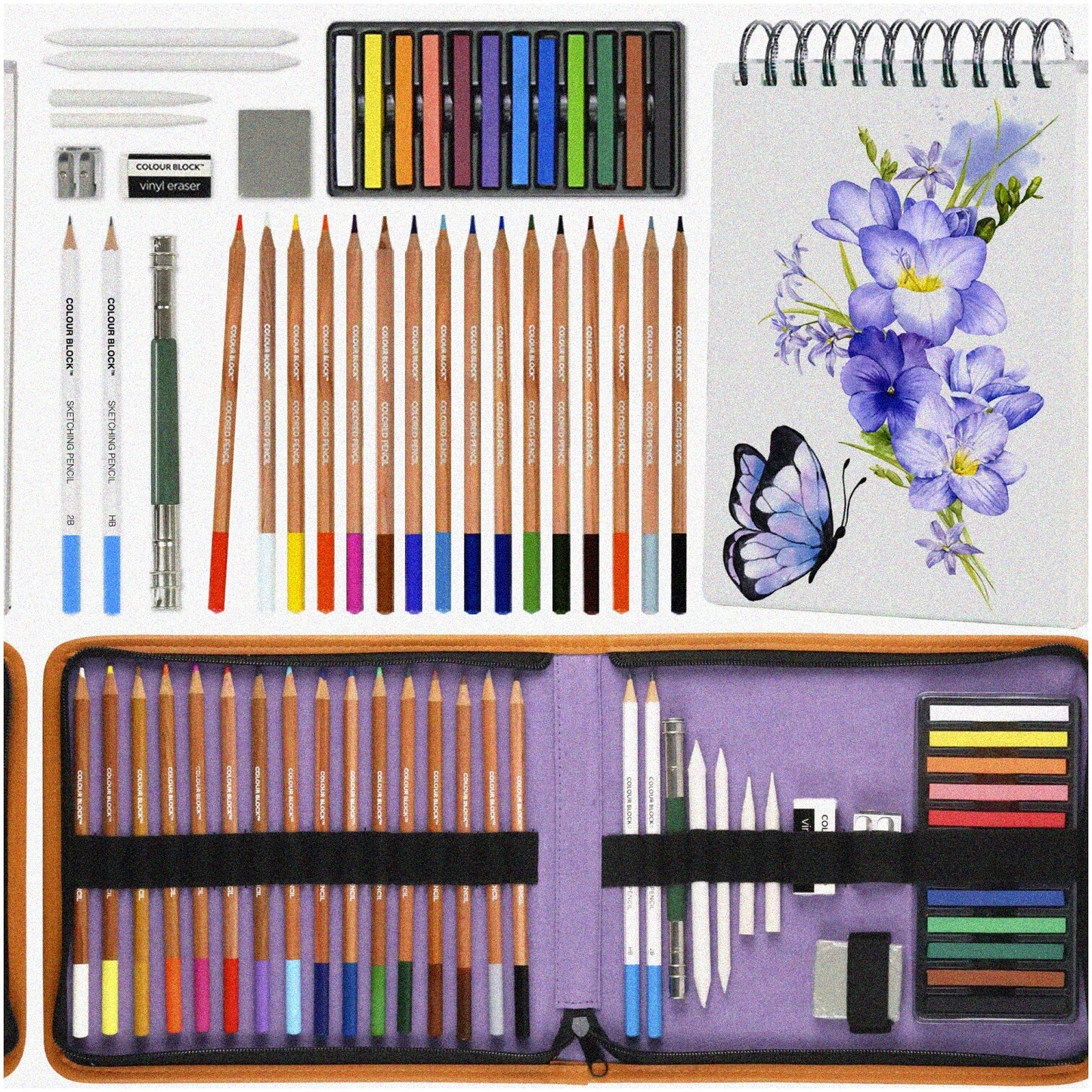 Travel Drawing Set with 60 Sheets, 16 Colored Pencils, 12 Pastels, 2 Sketching Pencils