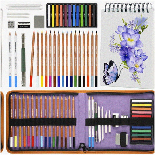 Travel Drawing Set with 60 Sheets, 16 Colored Pencils, 12 Pastels, 2 Sketching Pencils