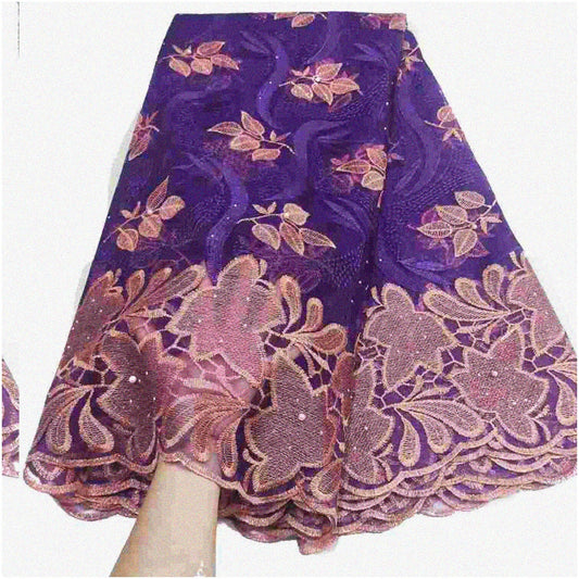 Purple Jewel Beaded Tulle & Swiss African Lace Fabric 2022