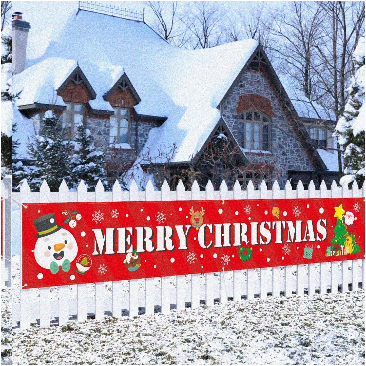Snowman Tree Merry Banner 120" x 20" Holiday Decoration