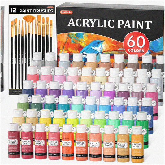 72 Pack Acrylic Paint Set with 60 Colors, 12 Brushes