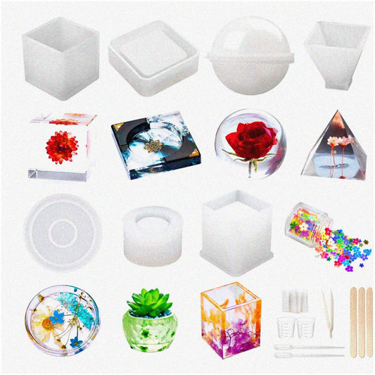 20 Silicone Resin Molds Set with Shapes: Sphere, Cube, Pyramid, Square, Round