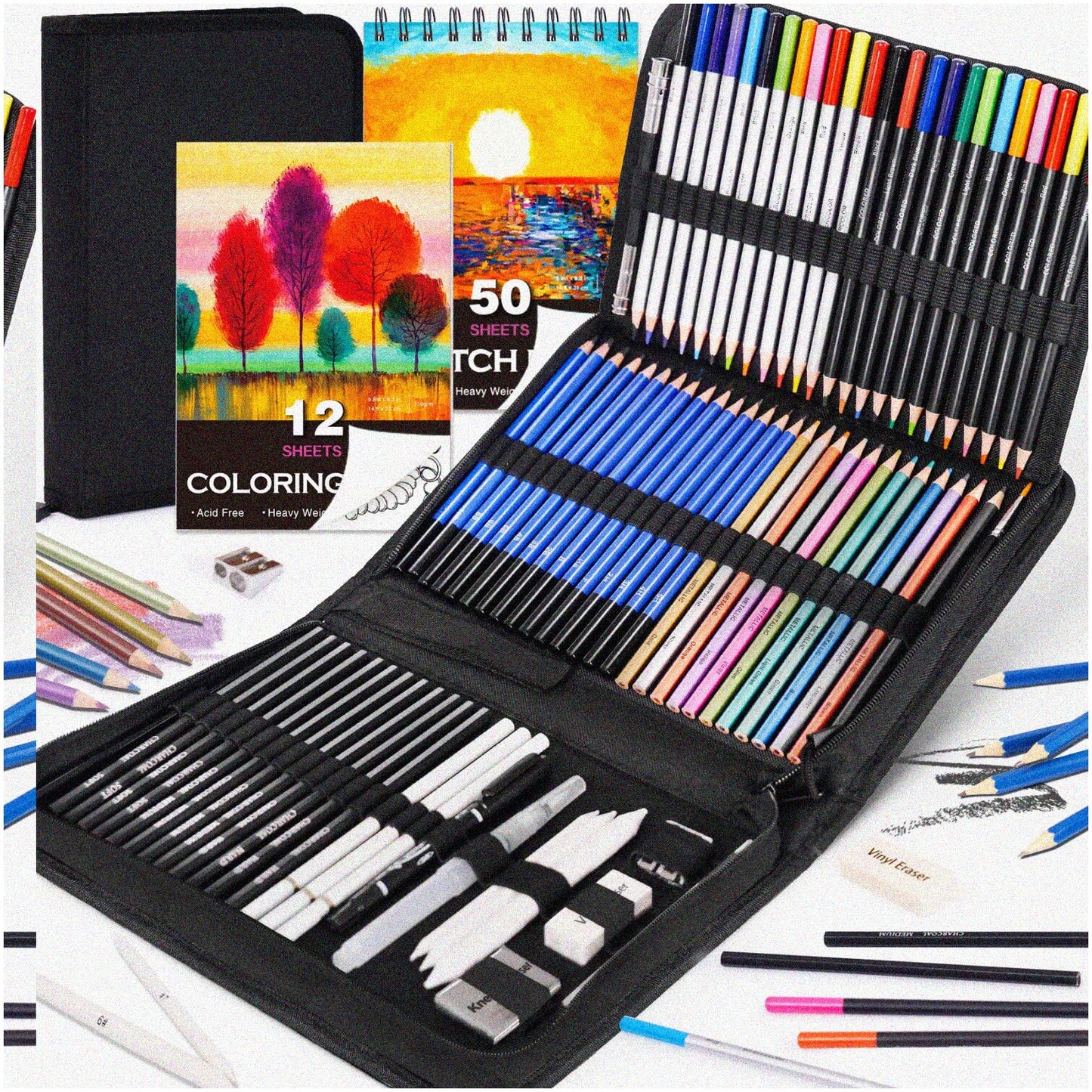 82-Piece Sketching and Coloring Art Set with Pencils and Books