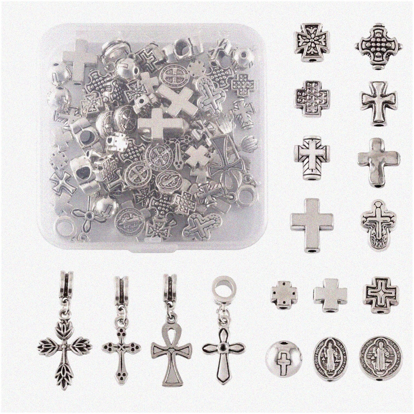 70pcs Antique Silver Cross Beads Tibetan Style Jewelry Supplies
