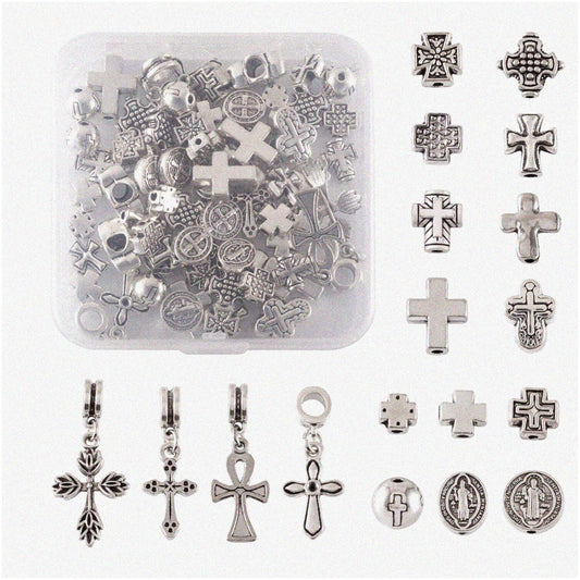 70pcs Antique Silver Cross Beads Tibetan Style Jewelry Supplies