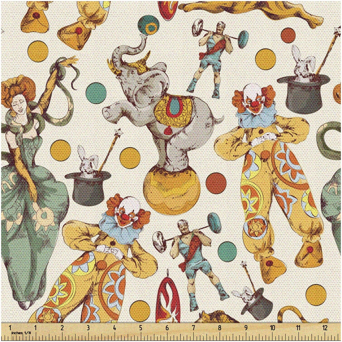 Vintage Clown & Wand Doodle Fabric 2 Yards Cream Yellow