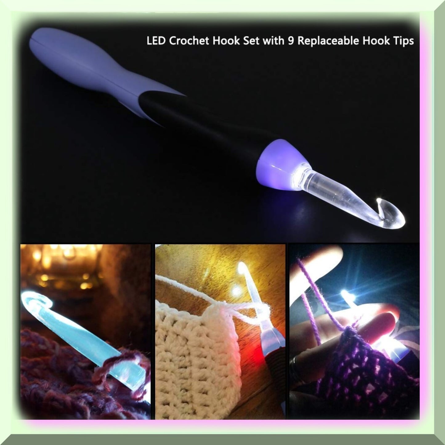 Illuminated Crochet Kit with 9 Tips, Purple Handle, Black Bag