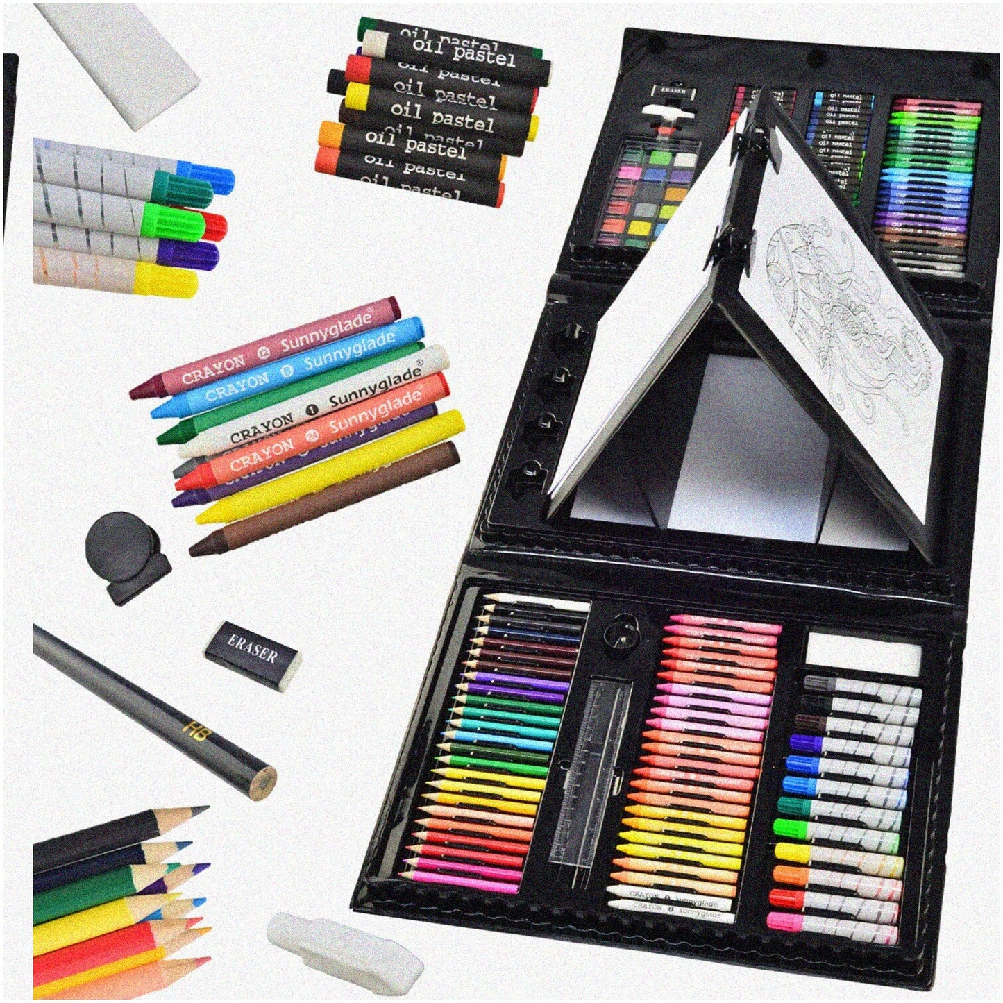 Art Set with Pastels Crayons Colored Pencils Markers Watercolor