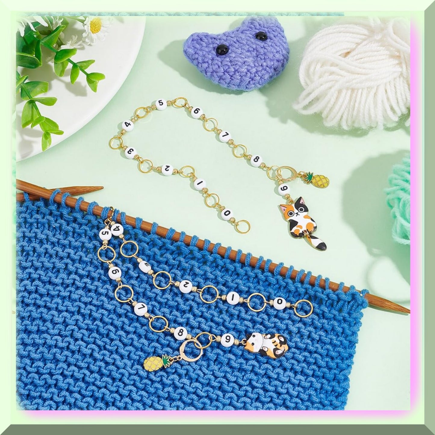 Enamel Cat Knitting Row Counter Chains 2 Pcs Set