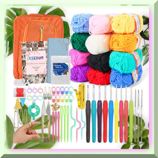 Crochet Kit with Yarn, Hooks, Accessories, 12 Balls