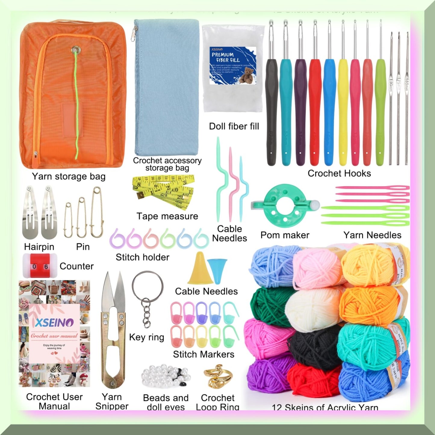 Crochet Kit with Yarn, Hooks, Accessories, 12 Balls