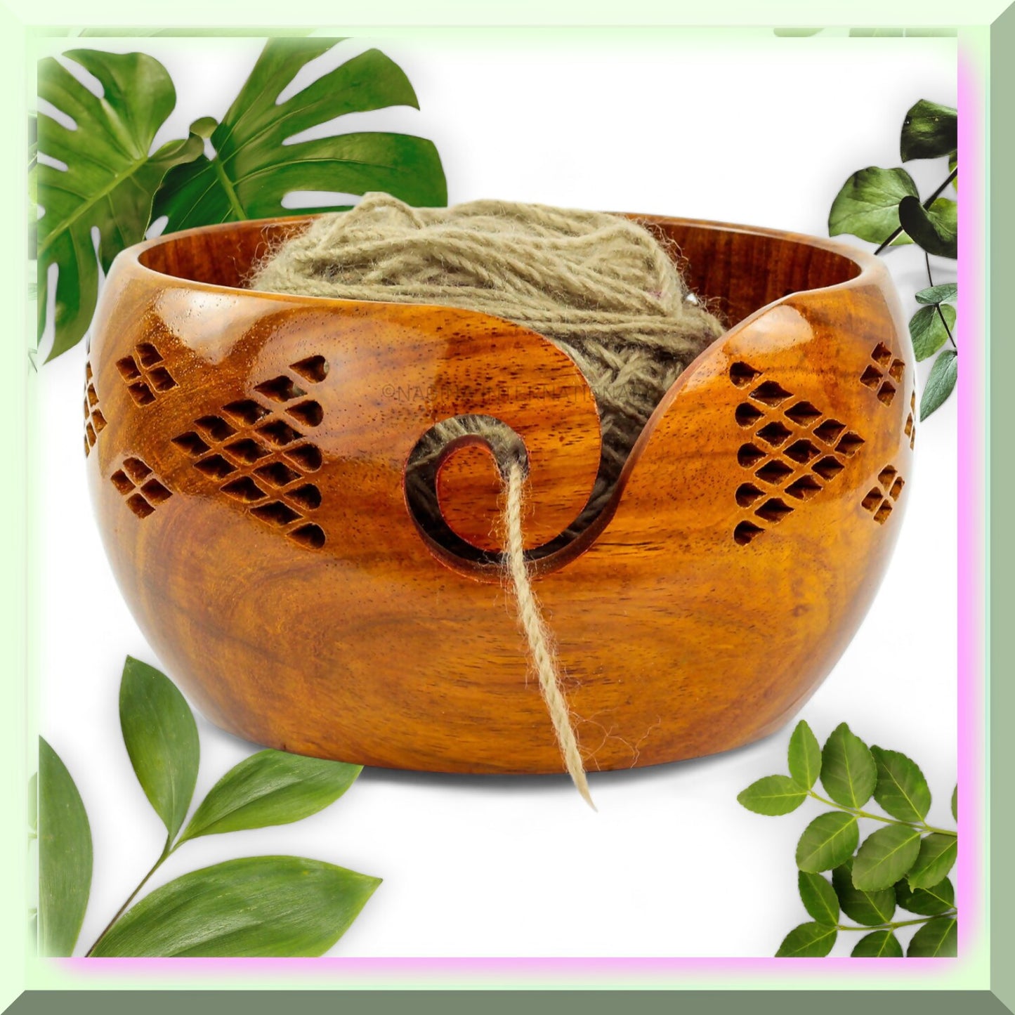 Large Rosewood Yarn Storage Bowl with Carved Grills