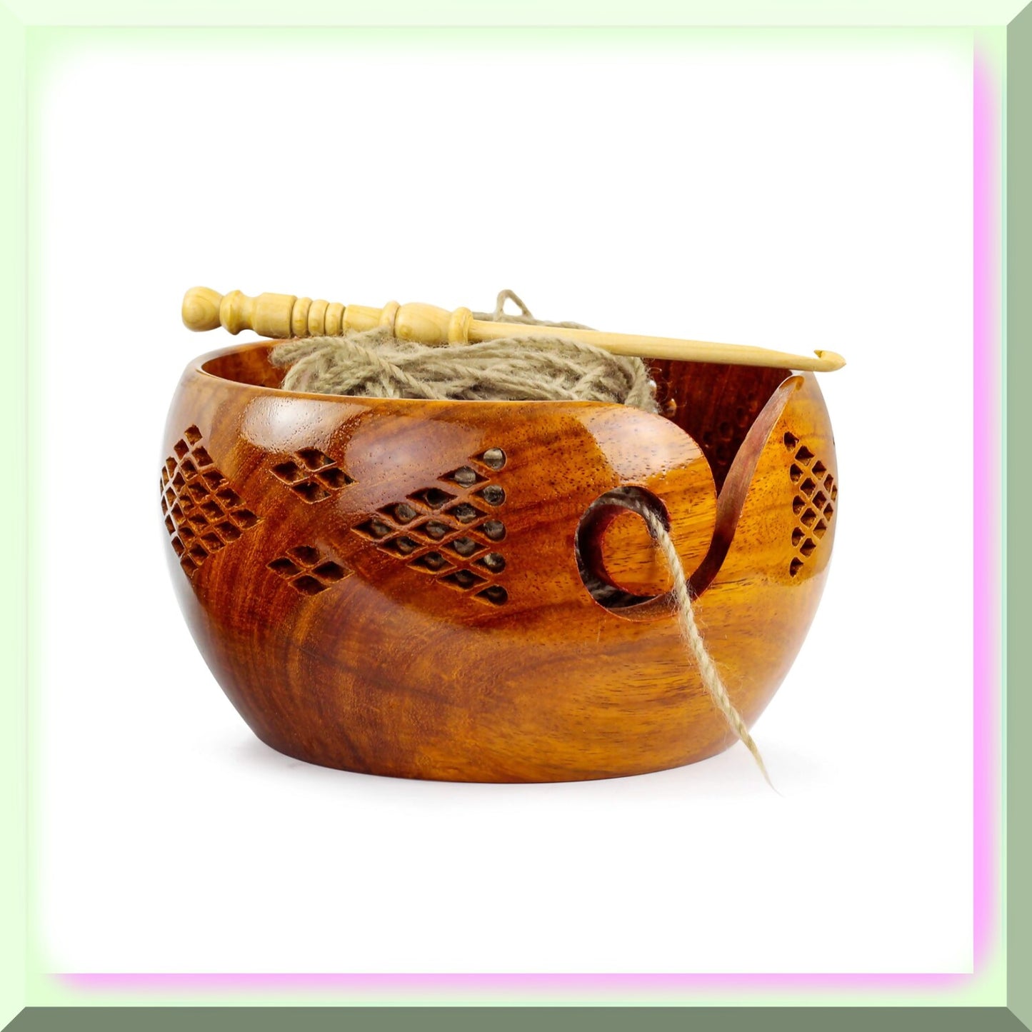 Large Rosewood Yarn Storage Bowl with Carved Grills