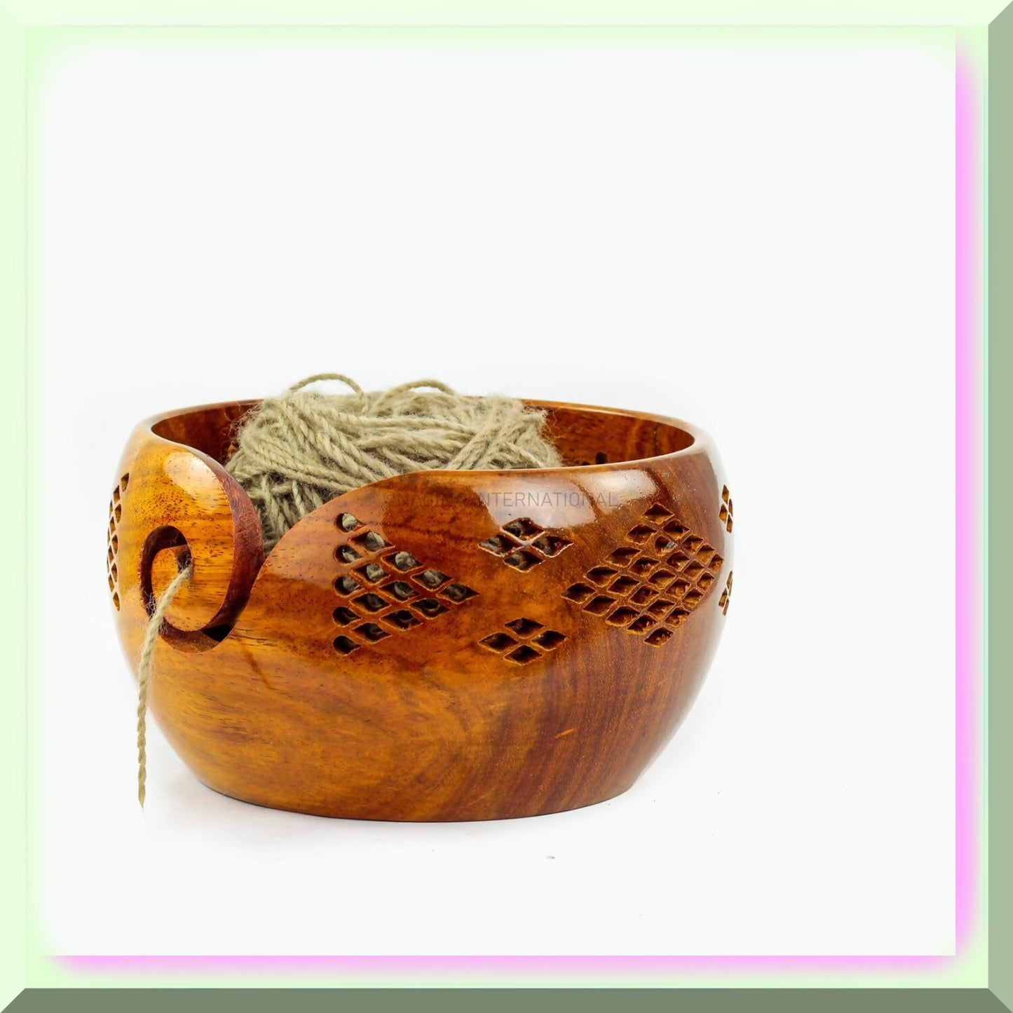 Large Rosewood Yarn Storage Bowl with Carved Grills