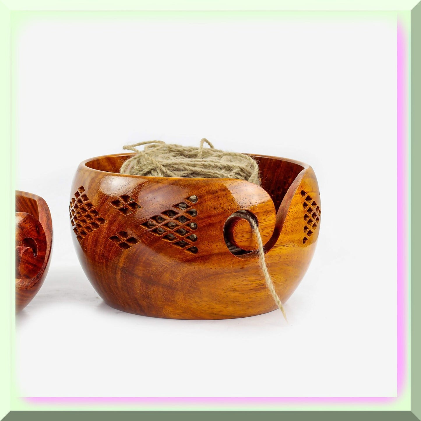 Large Rosewood Yarn Storage Bowl with Carved Grills