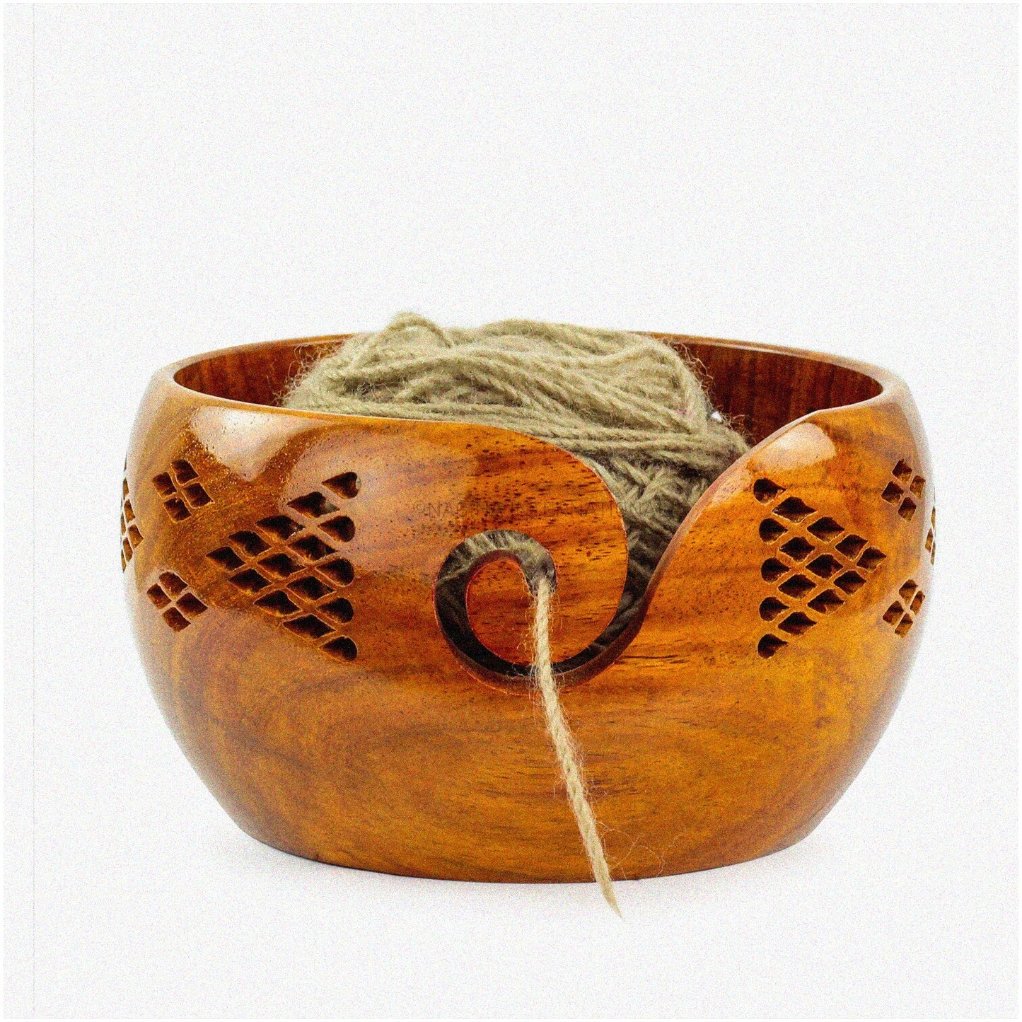 Large Rosewood Yarn Storage Bowl with Carved Grills