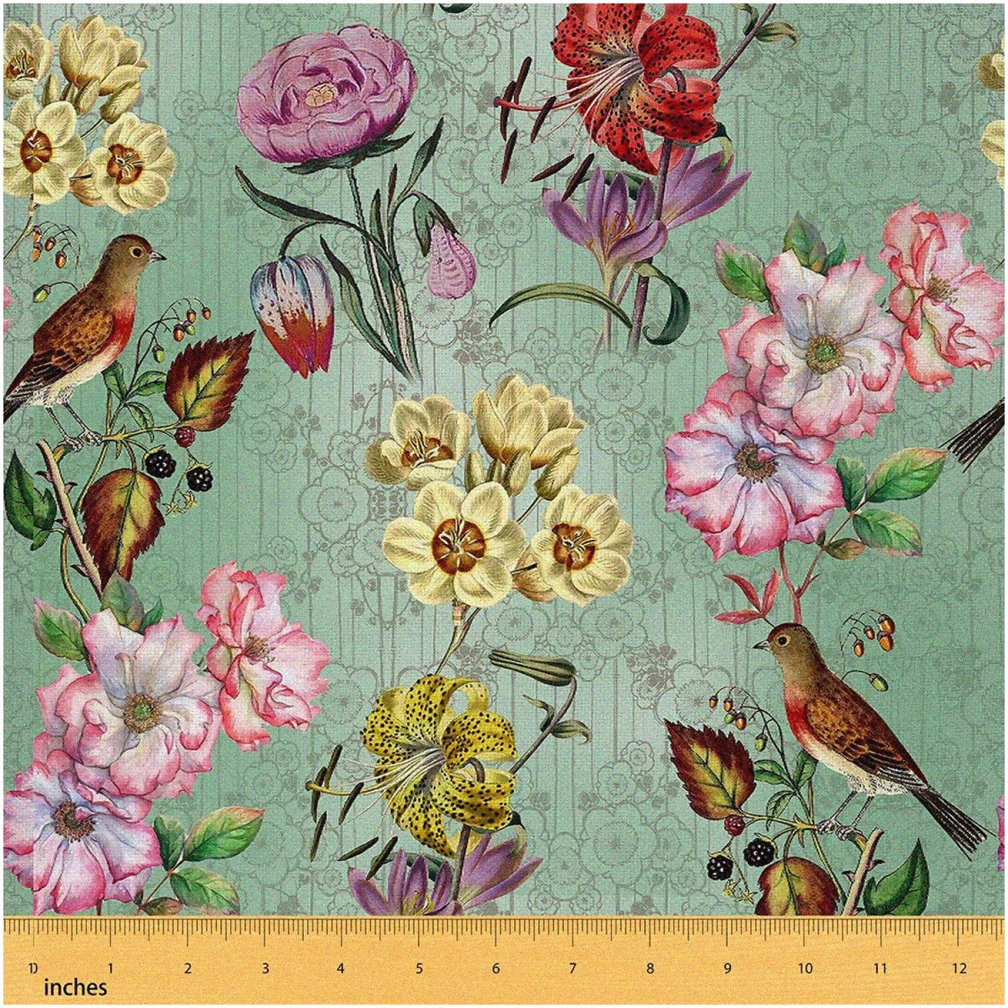 Retro Nature's Haven Birds Flowers Upholstery Fabric 1 Yard
