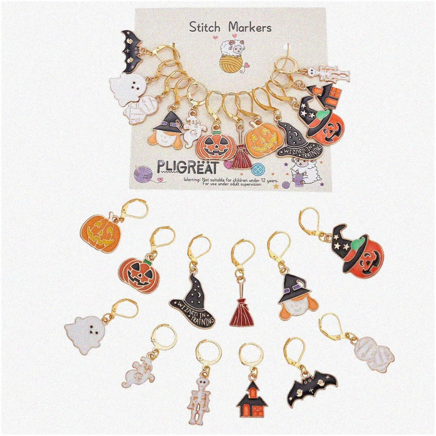 Ghostly Pumpkin Enamel Stitch Markers Set of 12 for Crochet Sewing Quilting
