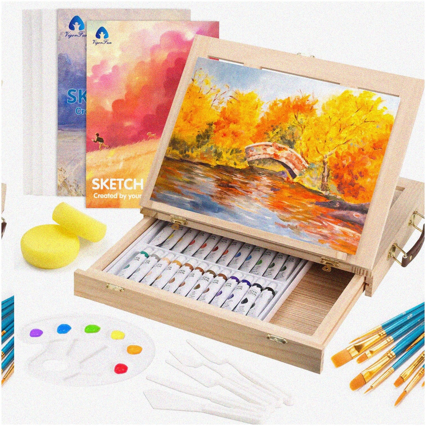 49-Piece Watercolor Painting Set with Easel, Paints, Brushes, Canvas