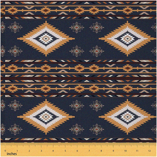 Retro Aztec Upholstery Fabric Navy Blue Yellow 36x58 inches