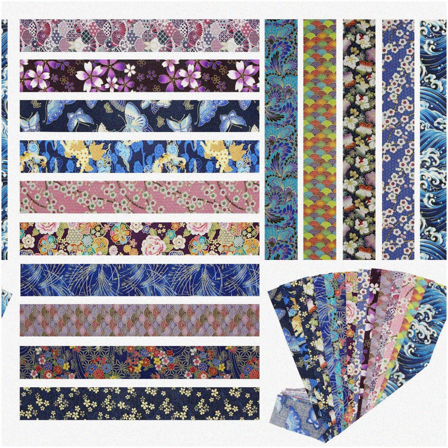 15Pcs Blue Floral Cotton Fabric Strips 2x50cm