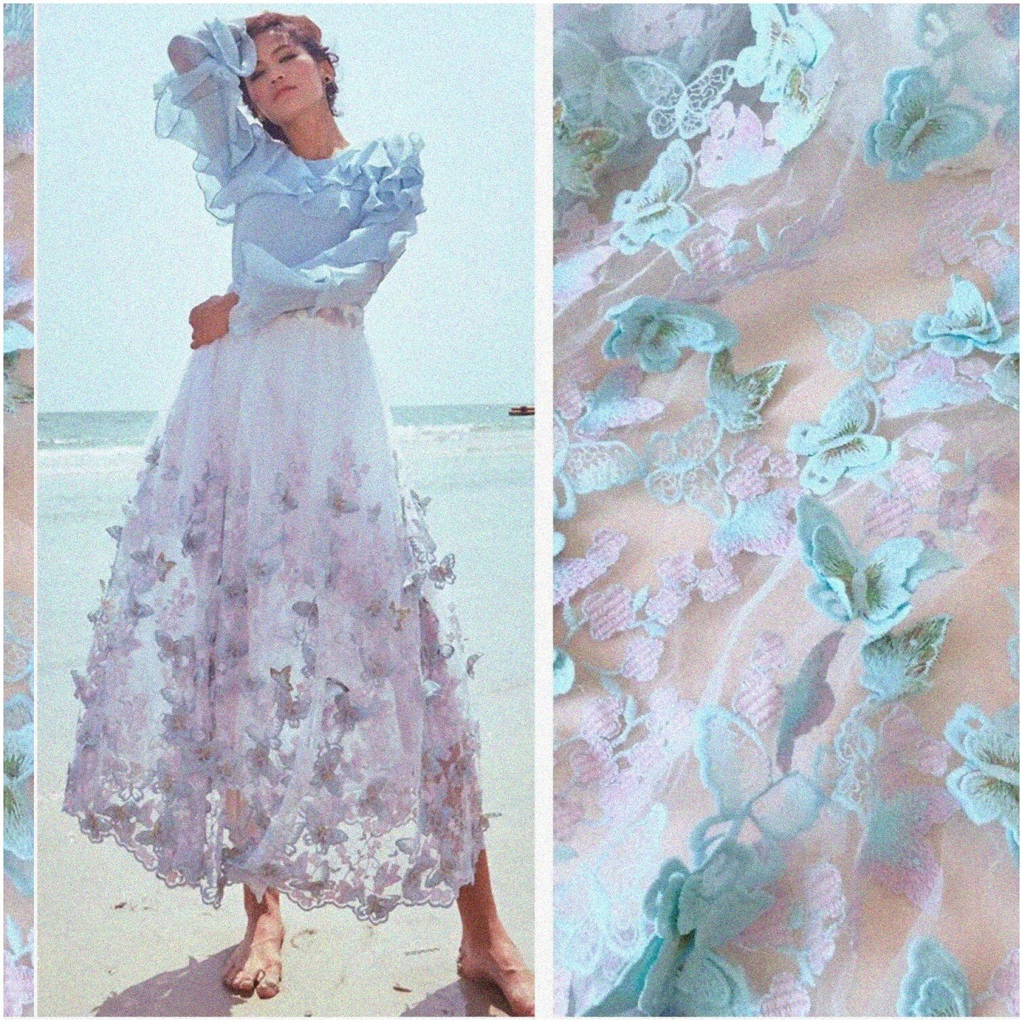 Butterfly Blooms 3D Lace Fabric Light Blue 3 Yards