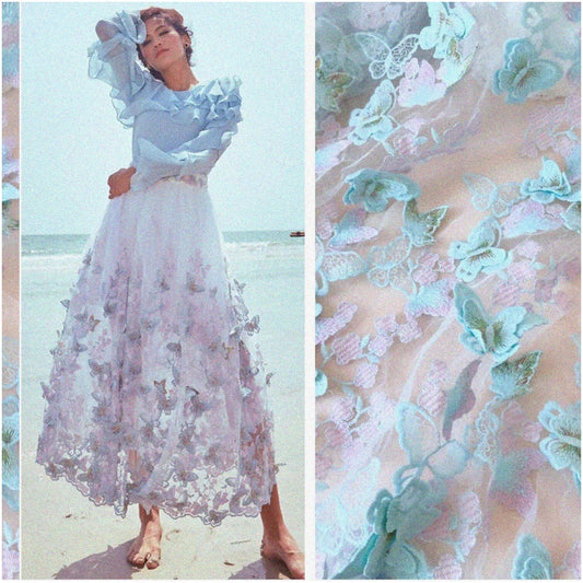 Butterfly Blooms 3D Lace Fabric Light Blue 3 Yards